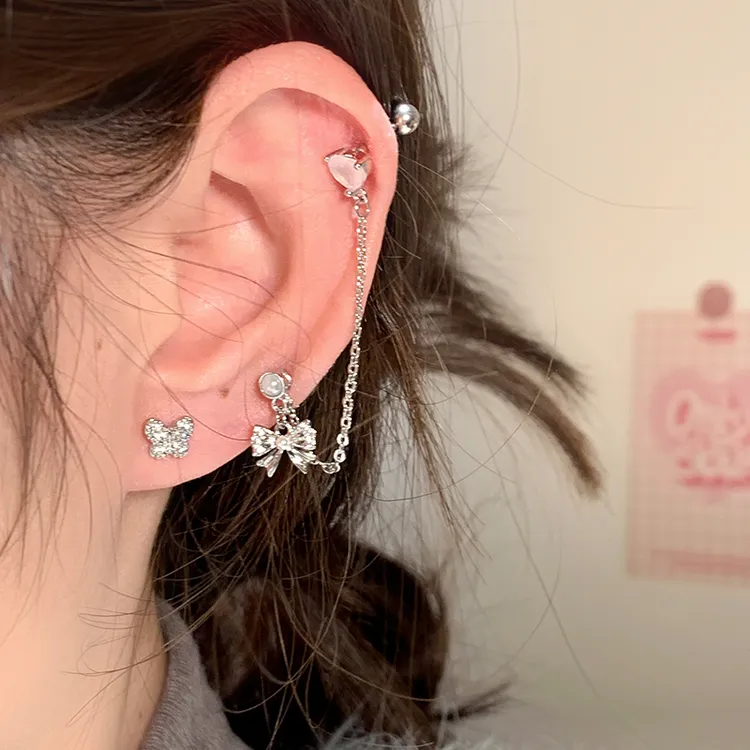 钛钢耳饰 嘟嘟夫妇甜酷双耳洞耳钉链条耳环免摘钛钢耳蜗耳骨钉女