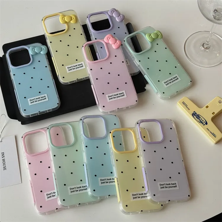 适用苹果系列iPhone15可爱ins14pro纯色波点蝴蝶结13新款12手机壳