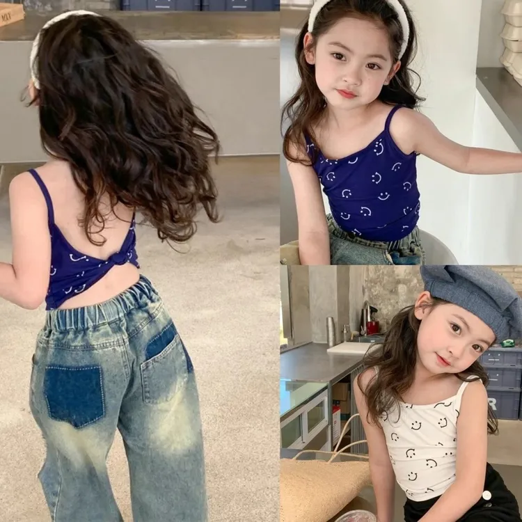 女童笑脸露背吊带童装2023夏女宝背心上衣女孩设计感儿童无袖T恤