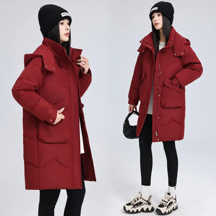 2025冬季棉衣女中长款新款大码棉服宽松棉袄红色外套加厚棉服