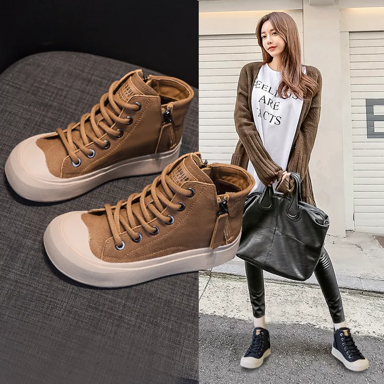 秋冬新款2025高帮鞋女真皮透气软底平底牛皮拉链加绒休闲鞋厚底潮