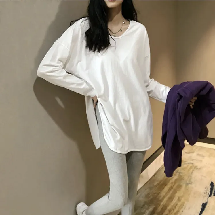 2025秋季新款纯棉开叉白色打底衫女款时尚百搭宽松打底衫长袖纯色