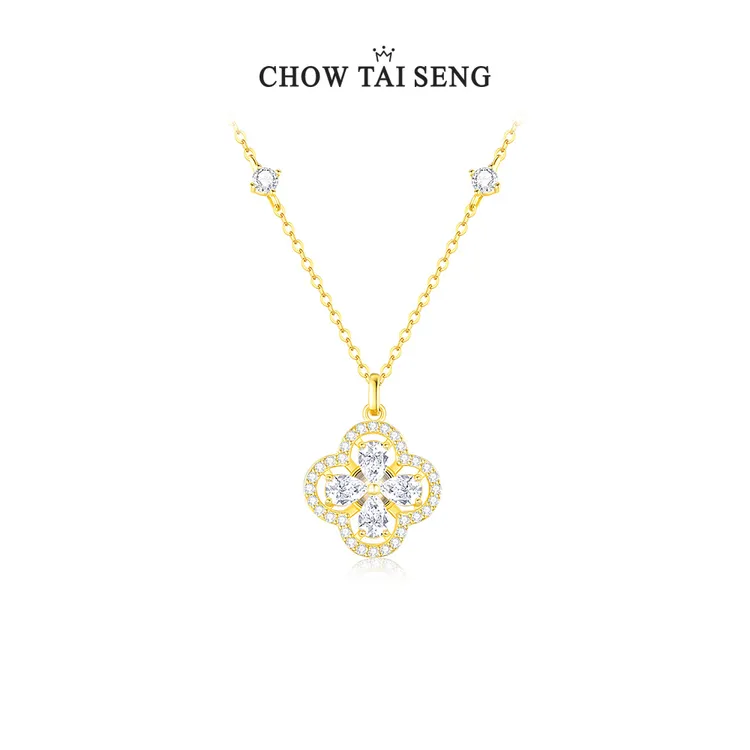 坠链均925银 周大生灵转爆闪幸运四叶草项链吊坠项链套链可旋转