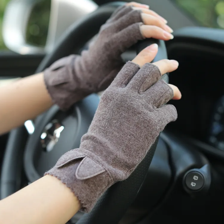 春秋冬季女开车薄款露指漏指半指防晒手套棉可爱冬天学生写字保暖