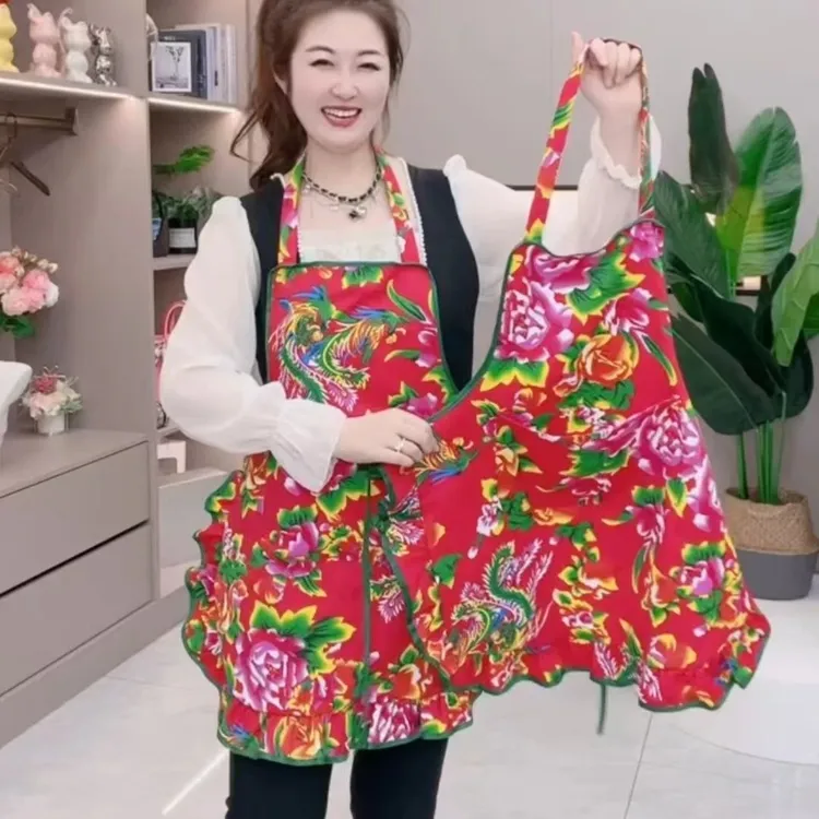 【防水有口袋】民族东北大花围裙时尚家用厨房围腰特色农家乐工作服