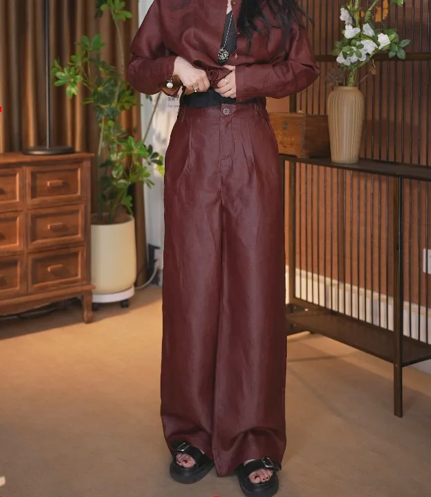 100桑蚕丝秋季新款女士龟裂纹香云纱宽松阔腿裤国风禅意休闲裤805