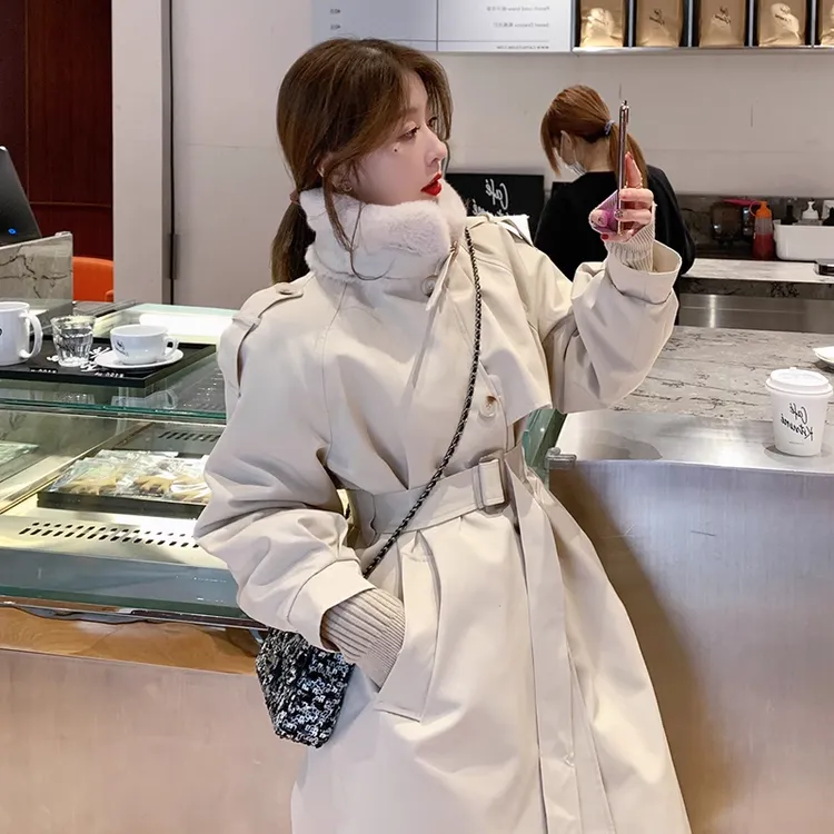 加绒加厚派克服大衣外套女秋冬季新款收腰显瘦中长款长款风衣女