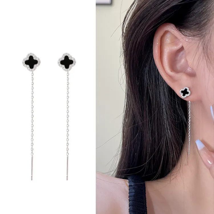 四叶花耳线2024年新轻奢小巧耳环女气质百搭长款链条流苏耳坠