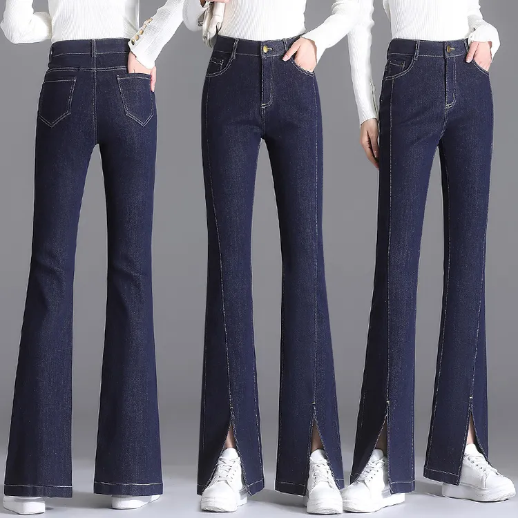 韩国开叉微喇牛仔裤女2023春秋季新款女裤高腰显瘦弹力直筒喇叭裤