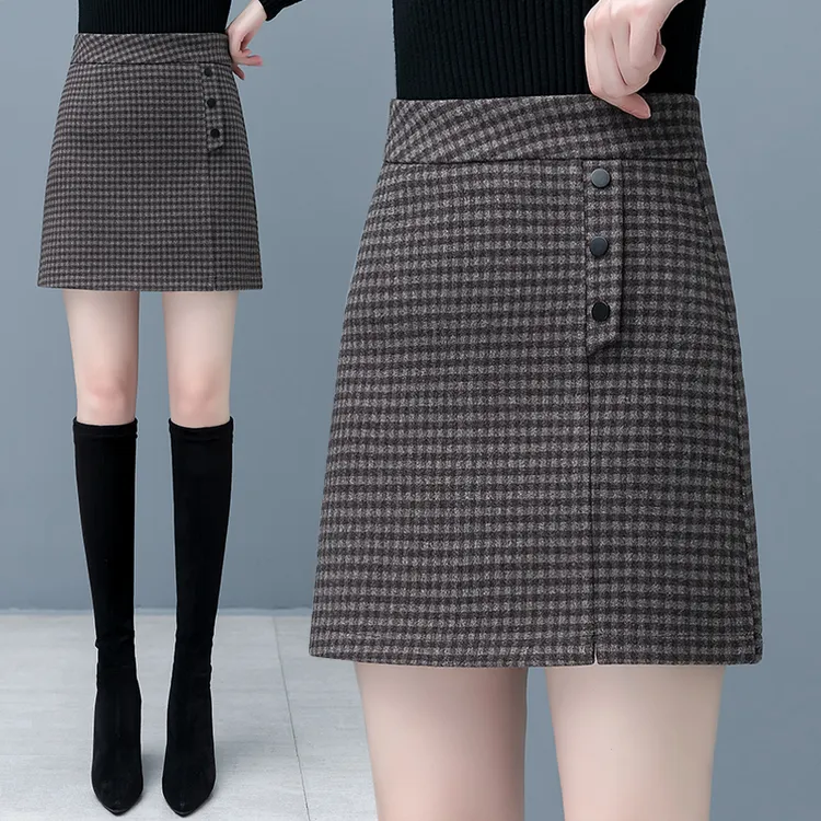 毛呢格子短裙女秋冬2024新款高腰显瘦复古半身裙小个子包臀a字裙