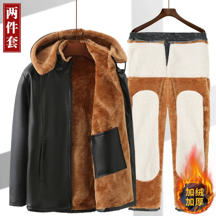 秋冬季加绒加厚保暖皮衣皮裤套装摩托骑行防风服代驾外卖快递防水