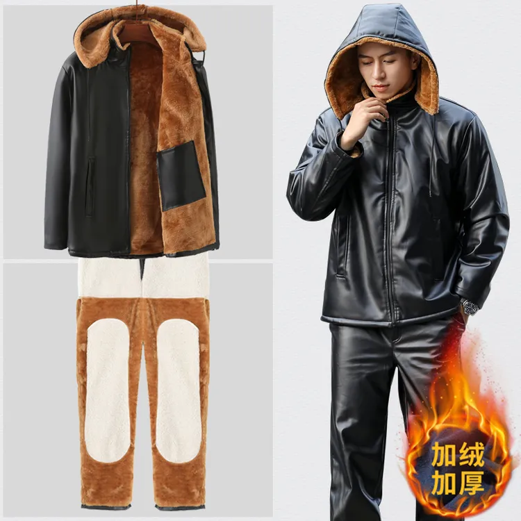 皮衣皮裤套装男士冬季款加绒加厚防风防水保暖代驾外卖摩托骑行服