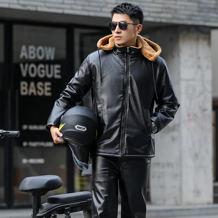 皮衣皮裤套装加绒加厚中老年男士保暖秋冬季摩托骑行防风代驾外卖