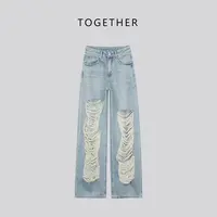 TOGETHER DW STUDIOS【要饭裤】夏季无弹街破洞宽松直筒牛仔裤Q5039