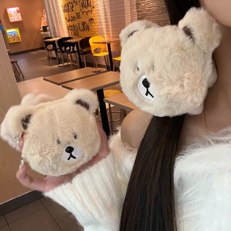 可爱卡通小熊毛绒发圈秋冬新款大号熊头大肠发圈丸子头马尾头绳