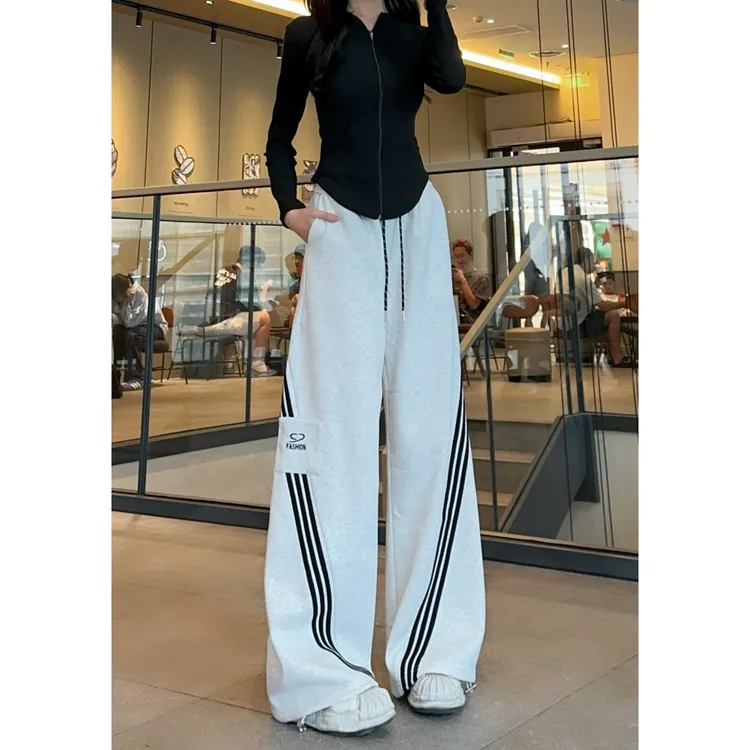 秋冬新款百搭气质显瘦宽松休闲裤女重磅刺绣拼接时尚运动风阔腿裤