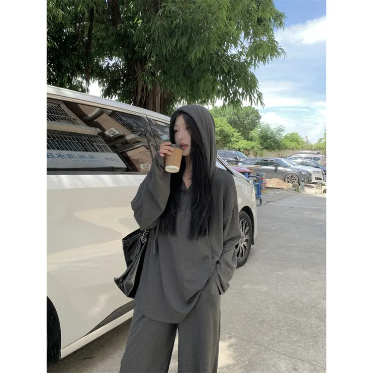 大码 胖mm柔软垂感防晒套装女夏季宽松连帽长袖T恤+裤子