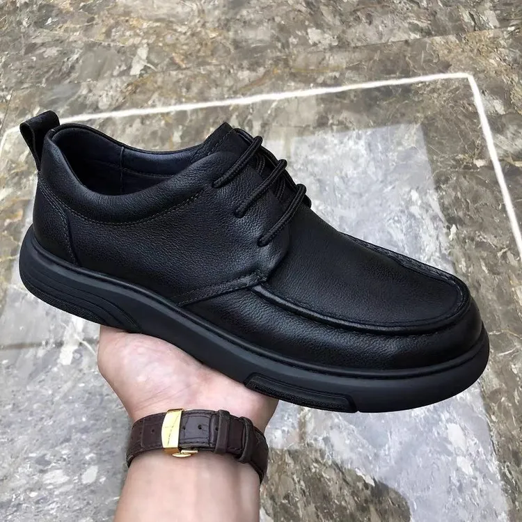 男士真皮低帮皮鞋圆头厚底软皮系带黑色商务鞋子潮流百搭小皮鞋