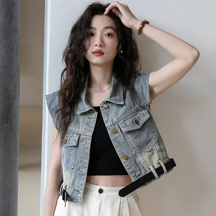 586#【送腰带】设计感牛仔马甲背心女夏季新款宽松坎肩短款外套马夹