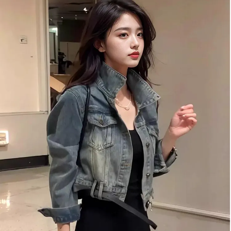 港风复古做旧水洗牛仔外套女秋季时尚个性别致短款百搭夹克上衣潮