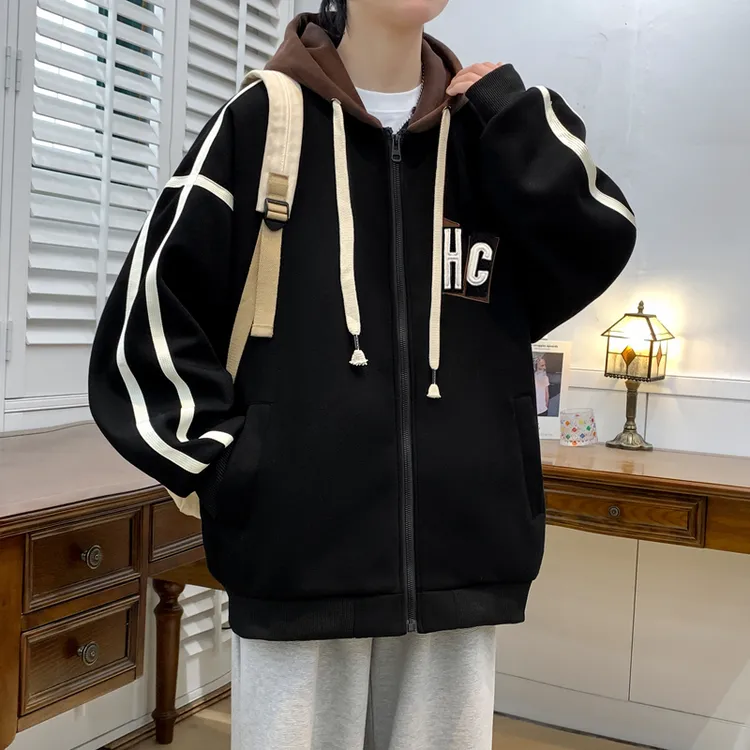 连帽棒球服男款春秋季撞色拼接夹克男青少年字母印花运动开衫褂子