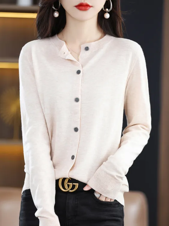 春秋羊毛针织开衫时尚百搭薄款纯色圆领洋气显瘦气质长袖女士毛衣