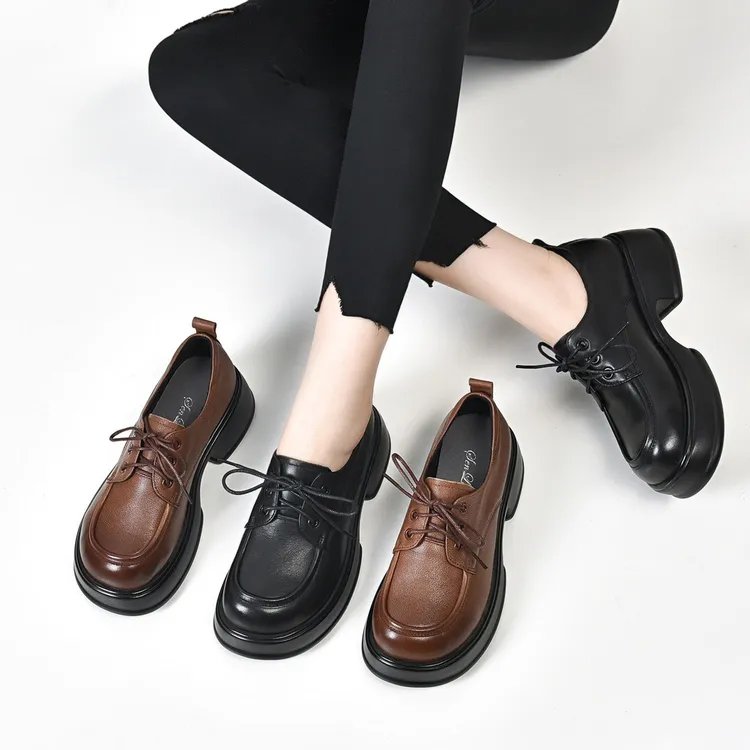 春秋真皮女鞋2024新款乐福鞋头层牛皮英伦风厚底皮鞋松糕底系带鞋