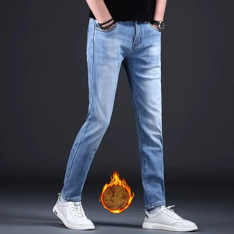  加绒加厚浅蓝色牛仔裤男修身小脚秋冬款弹力潮流男士裤子保暖