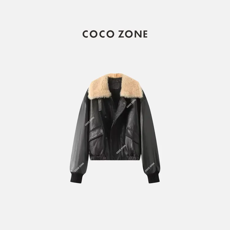 COCO ZONE刘一一“新年战衣“复古胎牛皮拼接翻领女式皮衣CC2D3245
