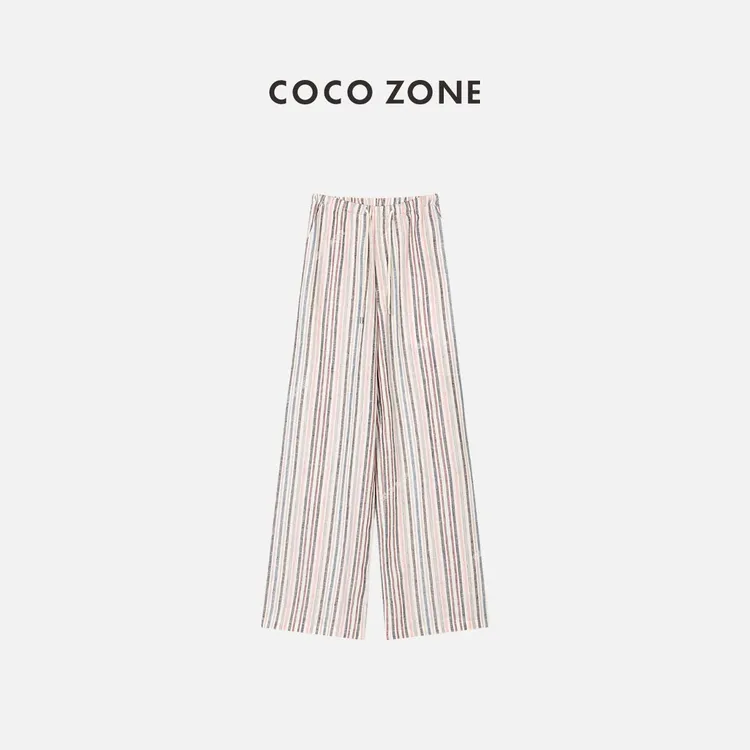 COCO ZONE 刘一一 通勤风休闲彩色条纹系绳宽松阔腿长裤23C18869