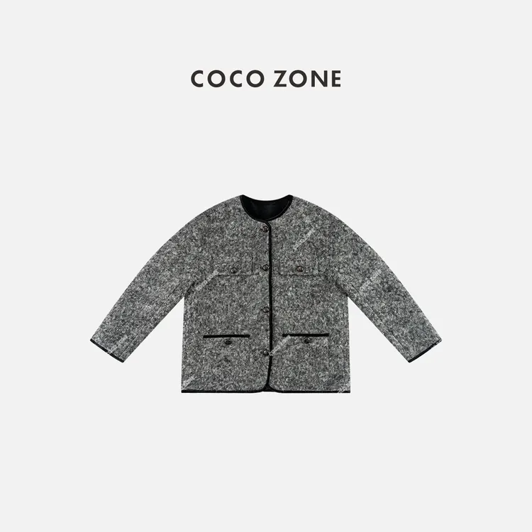 COCO ZONE刘一一 秋冬小香风圆领撞色边带口袋外套CC2D2633