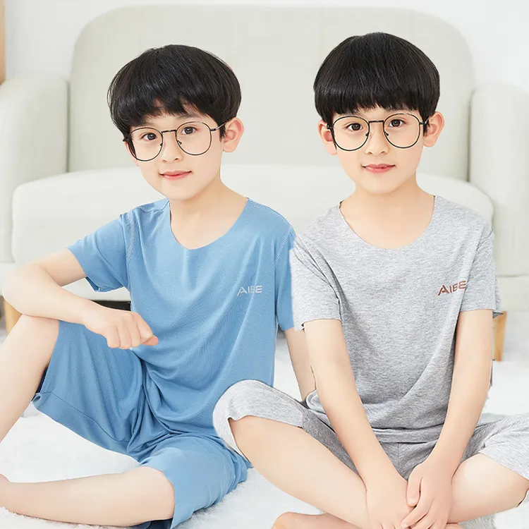 新款儿童莫代尔睡衣夏季男童小男孩中大童凉爽冰丝无痕家居服套装