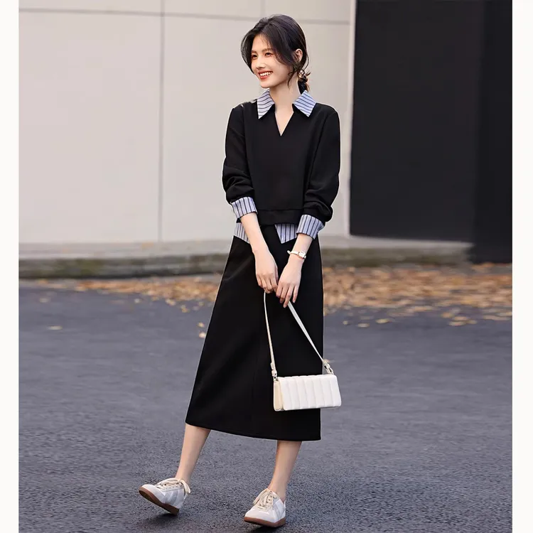 X1284气质休闲套装裙女2025秋季新款修剪减龄上衣+百搭裙子两件套