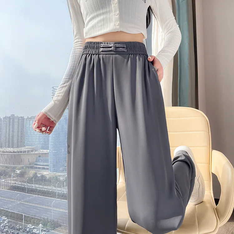 新中式国风盘扣黑色阔腿裤夏薄款裤子松紧腰显瘦垂感直筒长裤