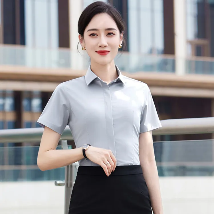 夏季女装上衣衬衫百搭修身短袖弹力莫代尔女士衬衫纯色职业装衬衫