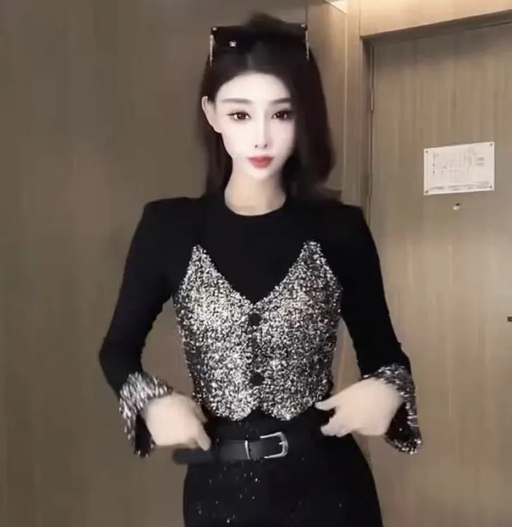 时尚假两件亮片中厚显瘦百搭小衫