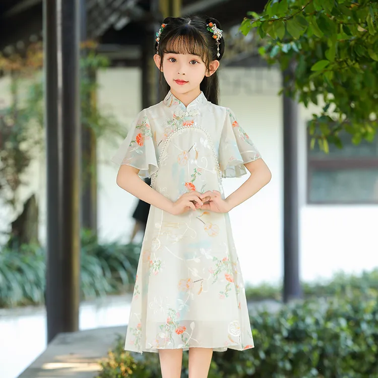 女童旗袍显瘦气质洋气夏季时尚复古国风古风中式中长款修身小个子