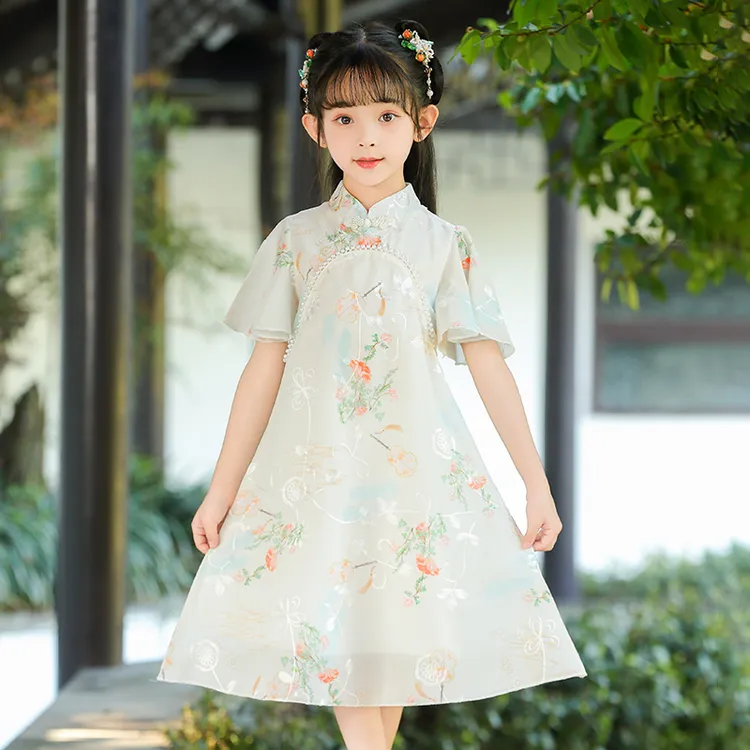 女童绣花旗袍公主洋气夏季复古气质国风古风薄款夏款中大童小女孩