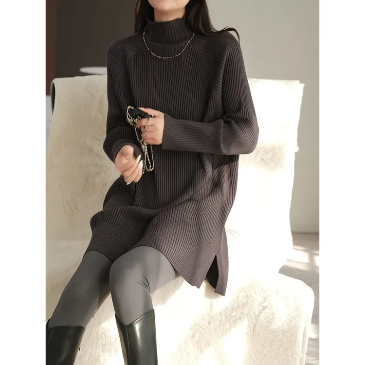 毛衣女中长款盖屁股秋冬半高领宽松显瘦内搭配大衣打底针织连衣裙