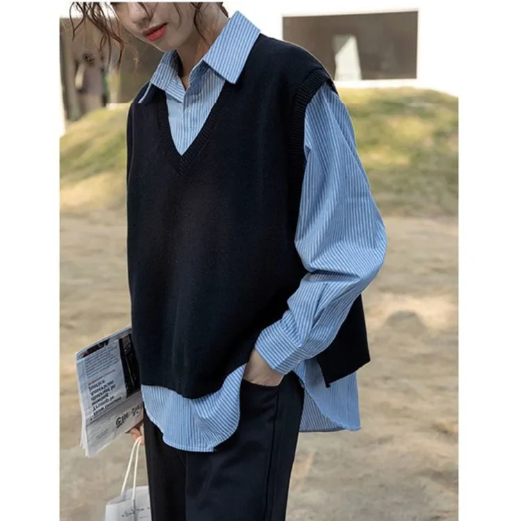 春秋V领针织马甲背心女叠穿外搭马夹毛衣无袖坎肩上衣胖妹妹大码