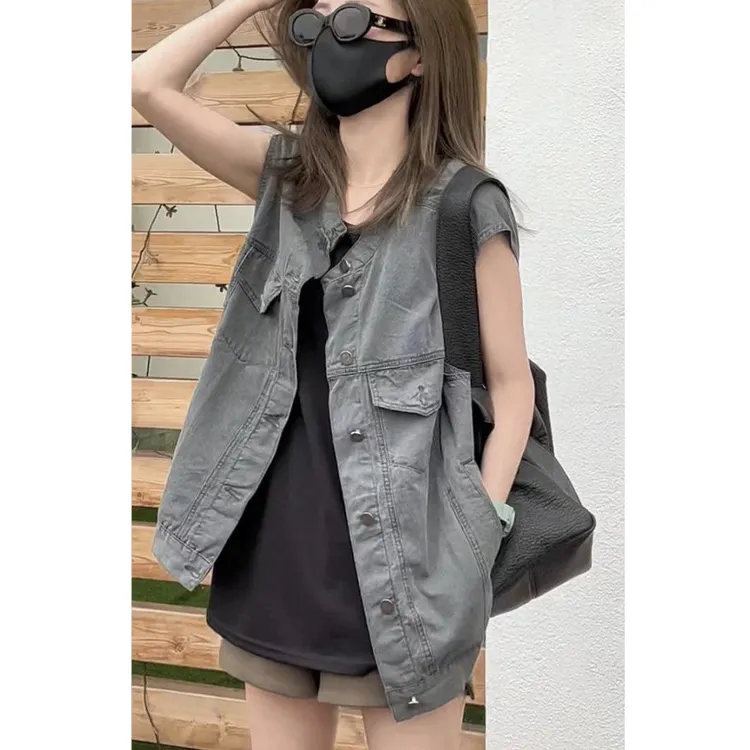 夏季韩版设计感时髦复古水洗牛仔马甲百搭休闲薄款无袖长款外套女