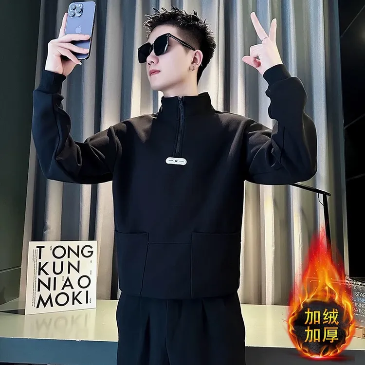 秋冬季潮牌痞帅立领卫衣男半拉链加绒打底衫加厚保暖潮流休闲长袖