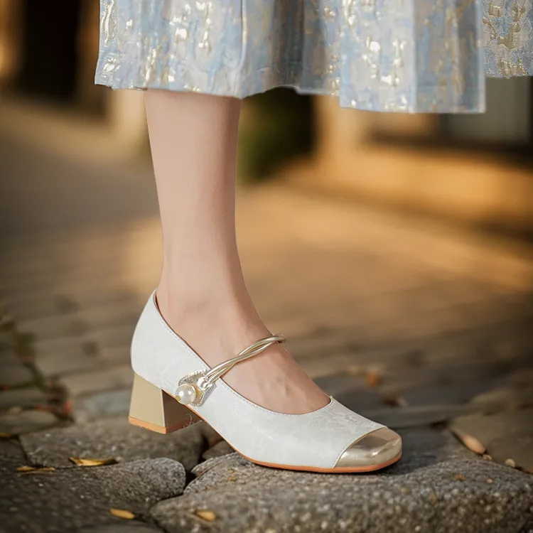 玛丽珍复古新款国风中式女单鞋方头浅口舒适魔术贴工作伴娘中跟鞋