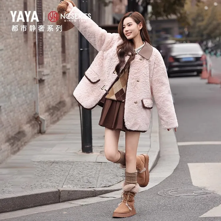 YAYA/鸭鸭羽绒服女中长款秋冬时尚羔羔绒拼接韩版外套YE4B617869M