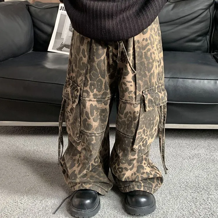 男童女童豹纹裤子加绒一体绒工装秋冬长裤时髦洋气儿童休闲裤保暖