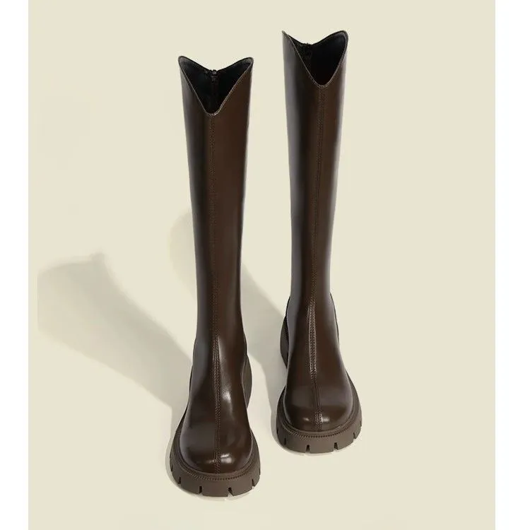 V口流苏女靴2024春季新款韩版高筒马丁靴女防水台粗跟增高骑士靴