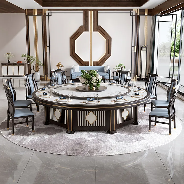 新中式酒店饭店2.2米圆形餐桌包厢实木手电动14-20人大餐桌圆桌
