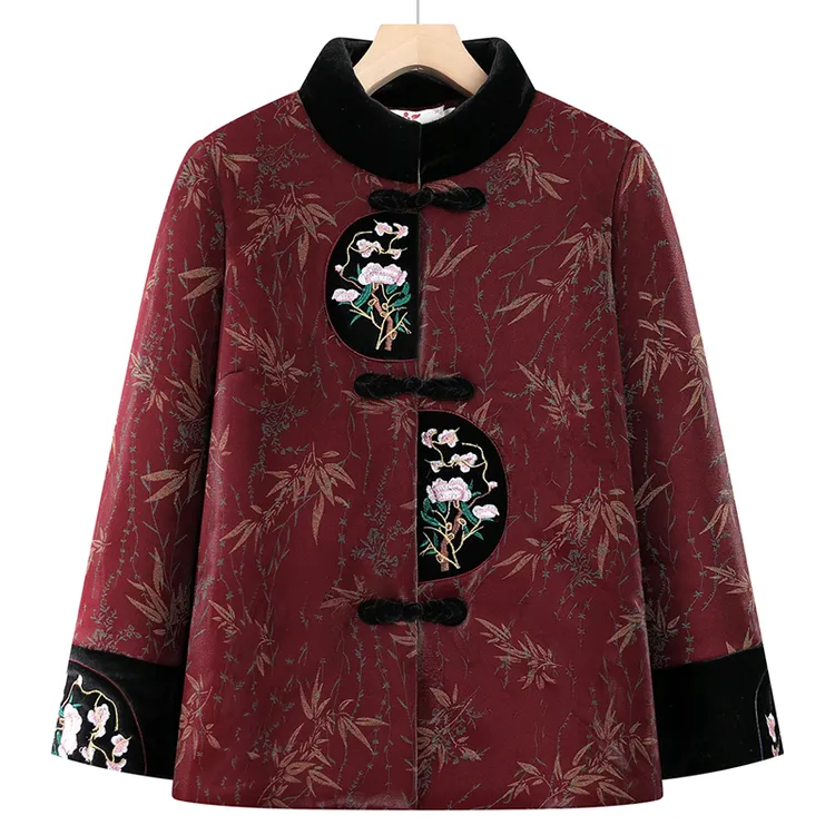 中老年人女装冬季棉衣复古妈妈装加绒加厚保暖外套奶奶装绣花棉袄