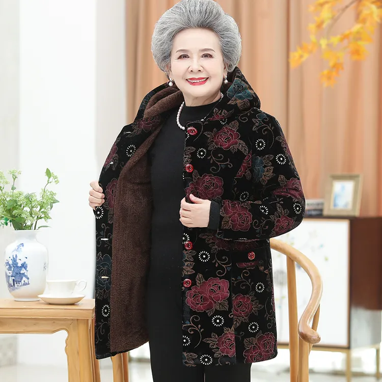 老年人棉衣女加绒加厚老太太冬季妈妈装中长款外套奶奶装保暖棉袄