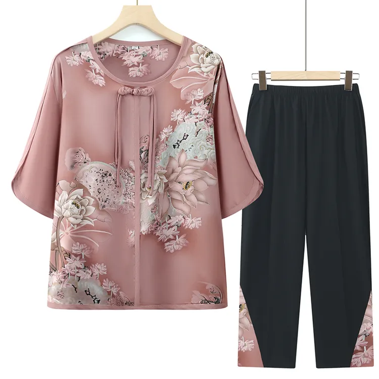 中老年女装夏季休闲套装大码妈妈装夏天薄款老人衣服奶奶装两件套